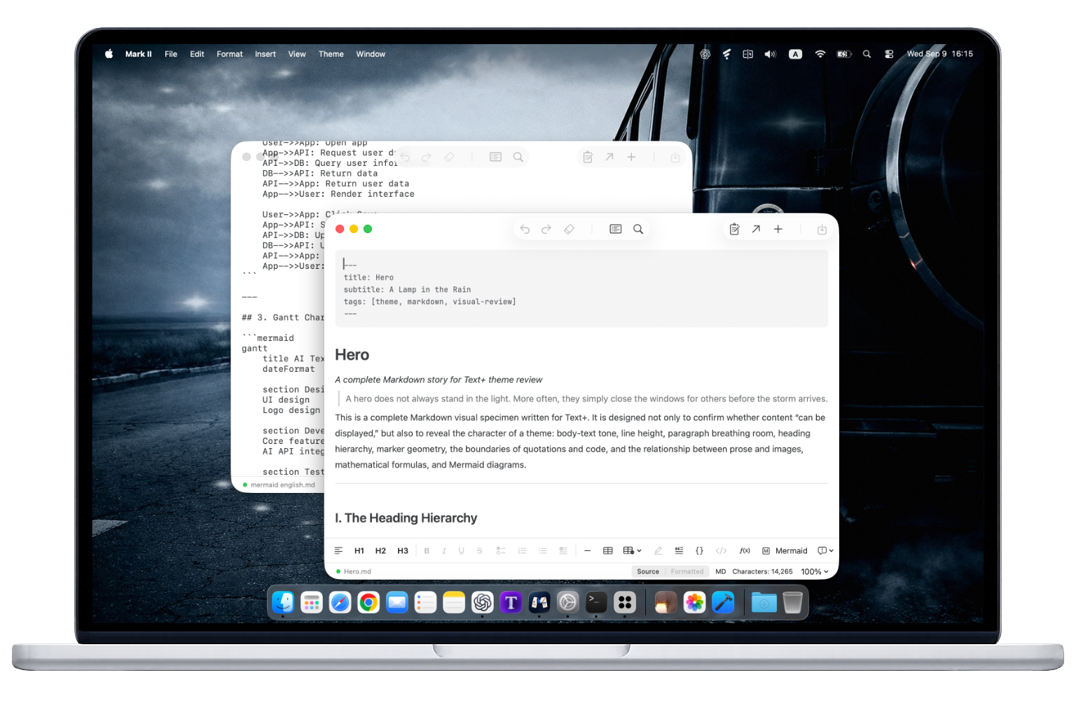 MacBook 上同时显示 Mark II 的源码和排版编辑窗口